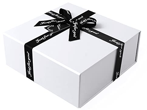 JiaWei Geschenkbox Mit Kreuzförmige Schleife (Stil-2) 21 x 19 x 8,8 cm Extra Klein, Geschenkkarton mit Magnetisch Deckel, mit Grußkarten & Seidenpapier,Valentinstag, Geburtstag, Hochzeit - Weiß