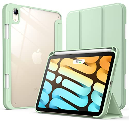 JETech Case for iPad mini (A17 Pro, 2024 Model, 7th Generation) / mini 6 (2021 Model, 6th Generation) with Pencil Holder, Clear Back Shell Slim Stand Tablet Cover, Auto Wake/Sleep (Matcha Green)
