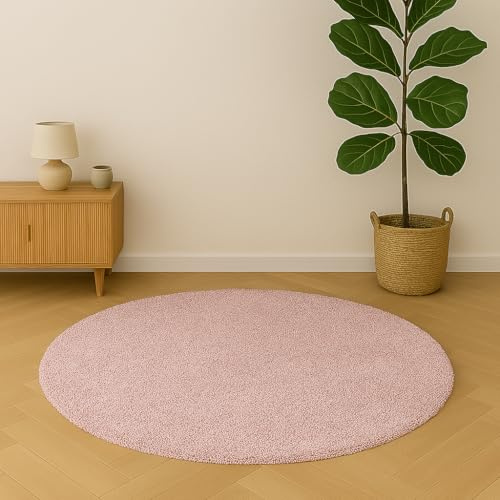 DomDeco Teppich Ease – Waschbar & Super Weich | 12 mm Kurzflor, Flexibel & Pflegeleicht | Runder Teppich für Wohnzimmer, Schlafzimmer, Kinderzimmer | Ø 160 cm | Rosa