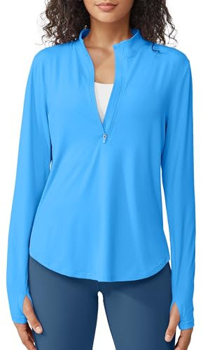 G4Free Long Sleeve Sports T-Shirt Women UPF 50+ Sun Half Zip Shirts Lightweight Quick Dry Workout Tops Running Hiking Breathable Activewear with Thumb Holes Ocean Blue