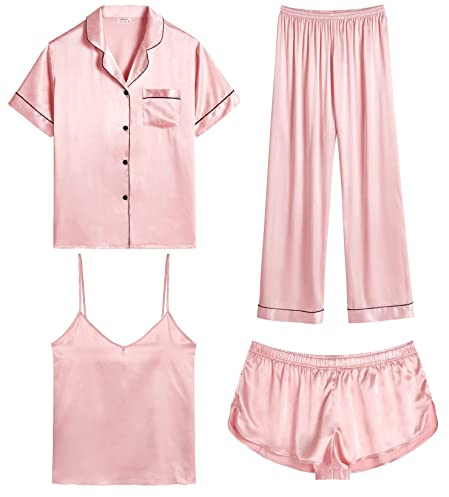 SWOMOG Women's Silk Satin Pyjama Set 4 Piece Pyjamas Cami Top with Button Down Shirt Pj Set Soft and Breathable Nightwear