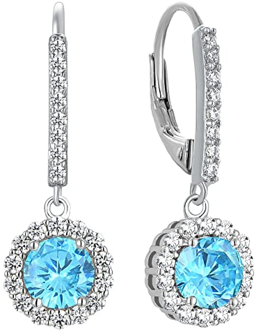 YL Damen Ohrhänger 925 Sterling Silber März Geburtsstein Aquamarin Runden Tropfen Ohrringe