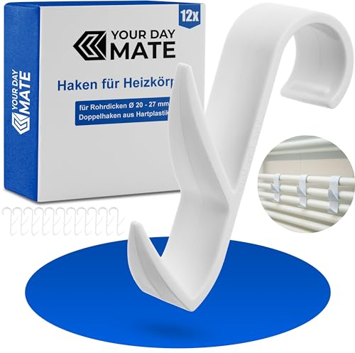 Mehrzweckhaken für Rundheizkörper, 12 Stück, Weiß, Heizkörperhaken für Rohrdicken Ø 20 - 27 mm, Bad Heizkörper Haken, Handtuchhaken, Hakenclip Handtuch, Bademantel, Aufhänger beheizte Handtuchhalter