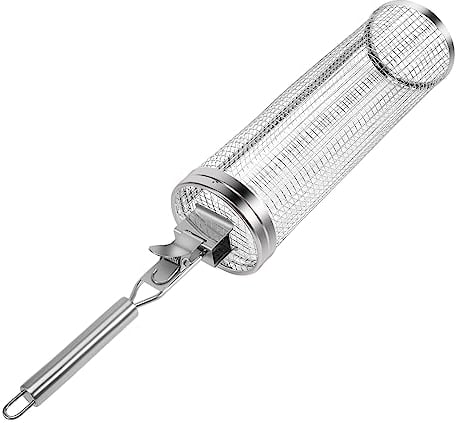 CosyCaya Rolling Grillkorb Zylindrischer Grillkorb Edelstahl Rollender Grillkorb mit, Grill Rack Grillkochzubehör Für Außengrill Gemüse für Grillen Fisch Pommes (1 Stück)