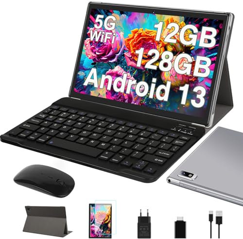 Oangcc Tablet 10 Pollici Android 13 OS Tablets con 5G WiFi, 12GB+128GB(TF 512GB/1TB), Octa-Core, Processore 2.0 GHz, 8000mAh, Schermo Widget, Controllo Parentale, Tablet con Tastiera+Mouse - Grigio