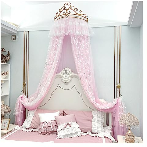Prinzessin Moskitonetz aus Moskitonetz Moskitonetz Bett Prinzessin Krone Moskitonetz Bett Vorhang Mädchen Kinderzimmer Dekor Nachtgarn (Size:1.35m (4.5ft) bed,Color:Äußeres Silber weißes Innenpulver)