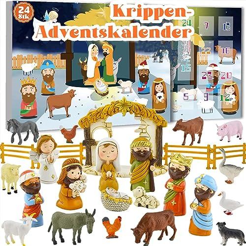 24 Tage Weihnachtskrippe Set, Weihnachtskrippe Figuren, Krippenfiguren Set Handbemalt Weihnachten, Spiel-Krippe für Kinder, Krippe Weihnachten Figuren, Weihnachten Tisch Dekoration Krippe Zubehör