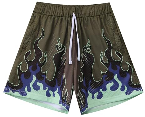 DIOTSR Herren-Shorts, Flame-Grafik, Workout-Shorts, Kordelzug an der Taille, Basketball-Shorts, lässig,, Flammen-Armee, XL