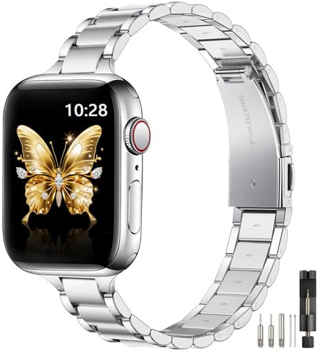 WFEAGL Slim Straps Compatible with Apple Watch Straps 40mm 38mm 41mm 42mm (Series 10),Slim Stainless Steel Replacement Strap Compatible with iWatch SE/Ultra/iWatch Series 10 9 8 7 6 5 4 3 2 1,Silver