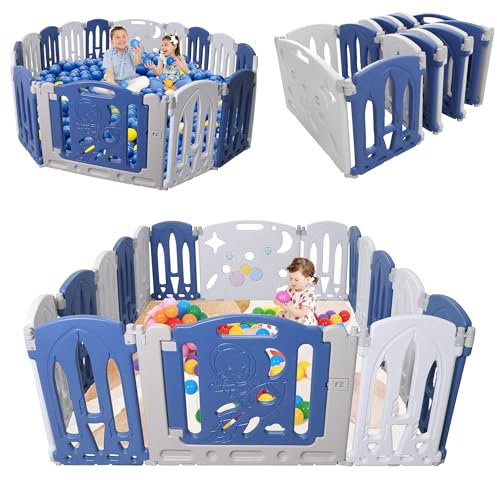 LARS360 Laufstall Baby Faltbar mit Tür und Spielzeugboard Baby Laufgitter Kunststoff 16 Paneele Mobile Krabbeln Schutzgitter Activity Center Absperrgitter für Kinder (158x152x62cm)