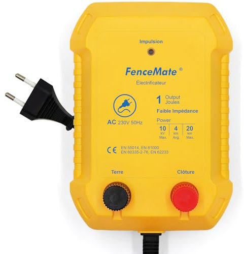 FenceMate Électrificateur De Clôture Électrique 230 V 1.0J, Sortie 1 joule pour 4 à 20 km, faible impédance tension de crête 10 kV pour volaille