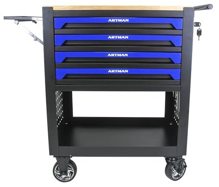 Tool Cabinet, 4 Drawers Rolling Tool Chest with Wheels, Multi-Functional Tool Cart with Wooden Top Workbench Tool Organizer with Locked Drawers Tool Cabinet for Garage Workshop Tool Organizer