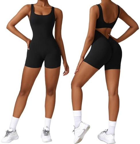Vertvie Jumpsuit Damen Scrunch Butt Kurz Eng Overall Sommer V Back Jumpsuit Gym Padded Yoga Bodysuit Rückenfrei Einteiler Ärmellose Sport Romper(Tank Schwarz,M)