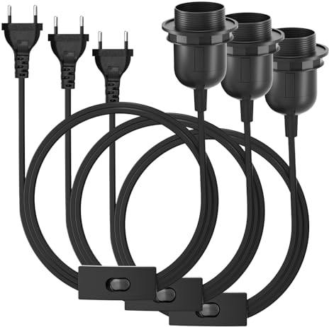 KONYEN 3 x E27 Lampenfassung mit Schalter mit Stecker, E27 Fassung Schwarz mit 3,5m kabel Schraubring für Lampenaufhängung, Pendelleuchte, Küche, Wohnzimmer