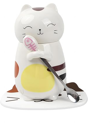 Tasse à Café Chat 3D en Céramique, 400 ml Tasse à Lait Mignonne Mugs à Chat en Porcelaine, Tasse à Boire en Forme de Chat Kawaii avec Dessous de Verre & Cuillère, Cadeau Drôle pour Amoureux des Chats