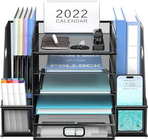 SUPTIDY 5-Tier Desk Organiser with File Holder, Mesh Paper Letter Tray Organiser with Magazine Holder, Desk Tidy Storage with Drawer for Office Supplies Home or School, Black