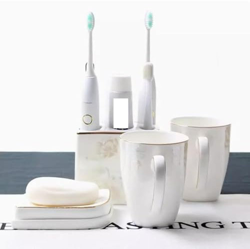 Set Di Accessori Per L'Arredo Del Bagno - Set Da Toilette Da Bagno In Ceramica Da 4 Pezzi, Include Portasapone, Portaspazzolino, Tazza Per Spazzolino Da Denti, Set Da Toilette Con Fiori Vintage,Bian