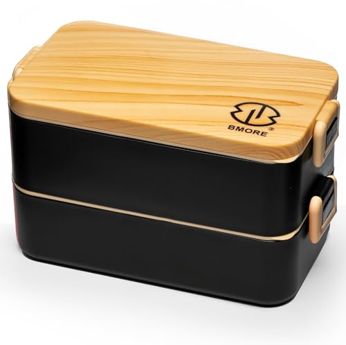 BMORE® Lunch Box,1000ml Bento Box with Stainless Steel Cutlery & Chopsticks. Stackable 2 Layer Food Container for Adults, Kids. Microwave & Dishwasher Safe (Stainless Steel Liners Included) UK Company