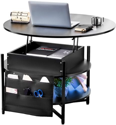 VEVOR Couchtisch Wohnzimmertisch mit anhebbarer Platte, Kaffeetisch mit Aufbewahrungstaschen, aufklappbarer Couchtisch, 90 x 90 x 51 cm versenkbarer Couchtisch, 50 kg Tragfähigkeit, Couchtisch