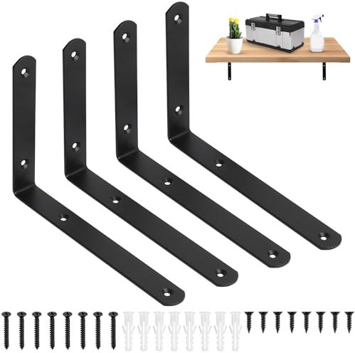 4 Pcs Equerre Etagere Murale noirs, Equerre Charge Lourde, Supports en L, Équerre Étagère de Fixation Invisible, Supports d'Étagère Murale Metal Industrielle pour Étagère Bois, 200 x 140 x 24 mm