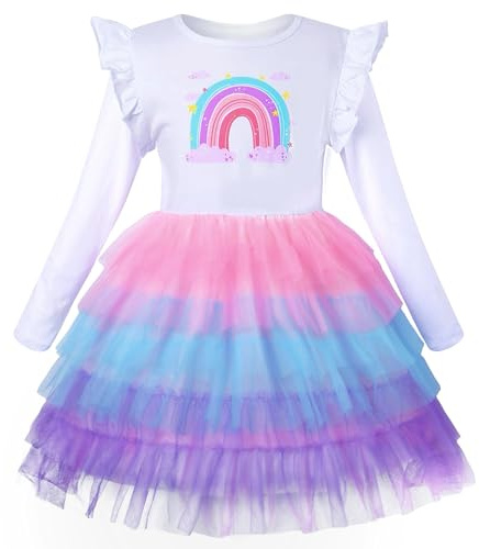 VASCHY Vestito Bambina,Vestiti Bambina Vestito Principessa Bambina Elegante Abito Cerimonia Bambina Vestito Gatto Rosa Bambina Primavera Autunno Manica Lunghe Tulle 3-9 Anni