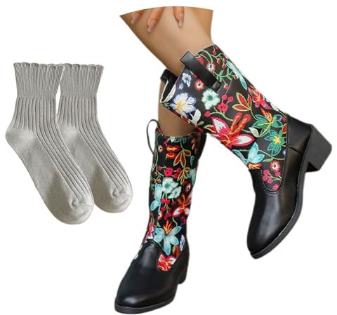 Stivali Da Cowboy Western Retrò Da Donna 2024 Nuovi Stivaletti Con Ricami Floreali Ankle Boots Autunno Inverno In Pelle PU Con Tacco Largo Scarpe Alla Caviglia Con Punta Appuntita(Black,43 EU)