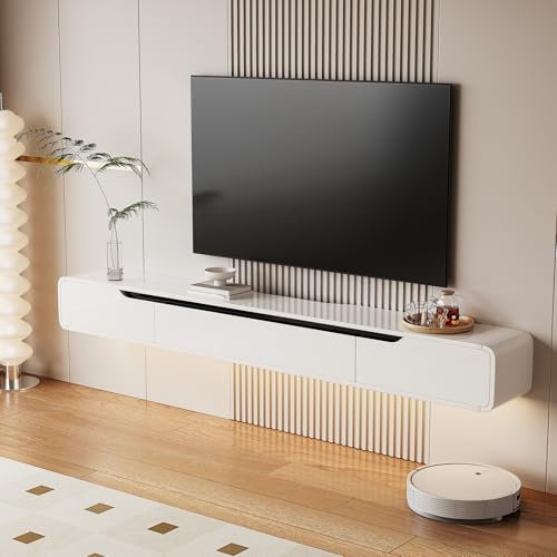 Artifyshore High Gloss Floating TV Stand with 3 Doors,140CM Wall Mounted TV Cabinet,Under TV Console,Floating Media Shelft for Bedroom Living Room(white)