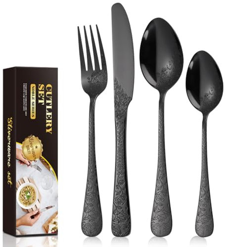 Cutlery Set, 24 PCS Stainless Steel Black Flatware Set Service for 6, Mirror Polished Tableware with Knives Forks Spoons Teaspoons with Flowers, Dishwasher Safe/Easy Clean