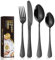 Cutlery Set, 24 PCS Stainless Steel Black Flatware Set Service for 6, Mirror Polished Tableware with Knives Forks Spoons Teaspoons with Flowers, Dishwasher Safe/Easy Clean