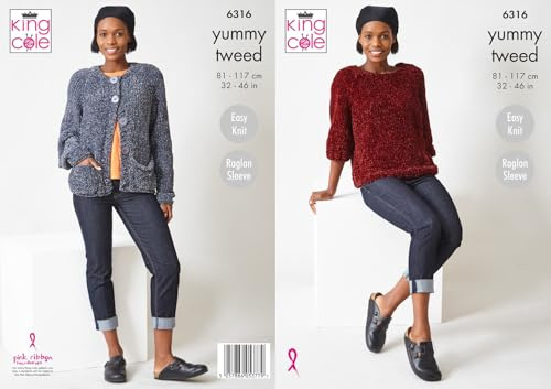 King Cole Knitting Pattern Easy Knit Ladies Soft Yummy Tweed Sweater & Cardigan (6316)