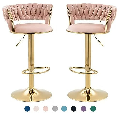 2er Set Luxus Gold Verstellbare Barhocker mit Samtkissen, drehbare Rückenlehne, drehbare Thekenhöhe, für Kücheninsel, Rosa Samt (21,6-76,2 cm)