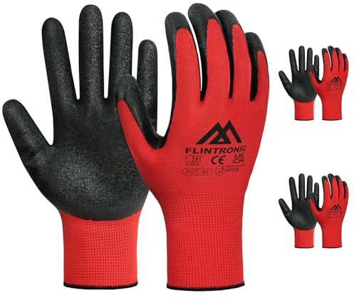 flintronic 3 Paar Arbeitshandschuhe, Nylon Arbeit Handschuhe für Herren und Damen, Beschichtete Gartenhandschuhe, mit PU-Beschichtung, Rutschfeste Handschuhe, für Bauarbeiter Mechaniker, Rot 9/L