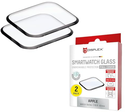 Displex Hybrid Glass - 2 pellicole protettive per display per Apple Watch Apple Series 7/8/9, 45 mm, anti-impronte, vetro acrilico, montaggio semplice