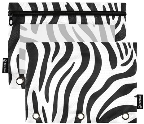Quteprint Federmäppchen für 3-Ring-Ordner, Zebra-Tiermuster, 2 Stück, Reißverschluss, Federmäppchen mit transparentem Fenster und verstärkten Ösen für Ordner, Federmäppchen, Taschen, Organizer für