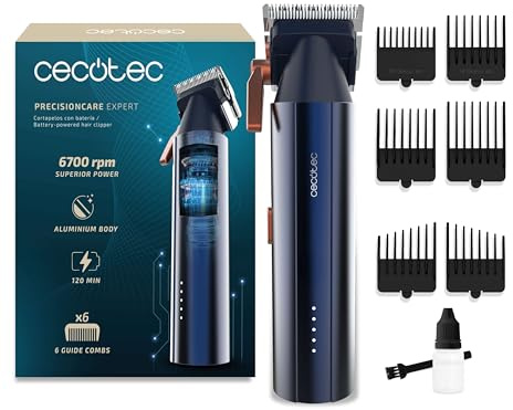 Cecotec Akku-Haarschneider PrecisionCare Expert, 6700 U/min | Bürstenloser Digitalmotor, 2 Geschwindigkeitsstufen, Aluminiumgehäuse, Längenschneider von 0,8 mm bis 2,0 mm, 6 Führungskämme