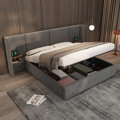 6ft Super King Size Ottoman Bed with Hydraulic Lift&Bedside Tables, Velvet Functional Upholstered Bed Frame with USB Charging Station, Gas Lift Storage Bed with Wide Headboard&Slats, No Mattress, Grey