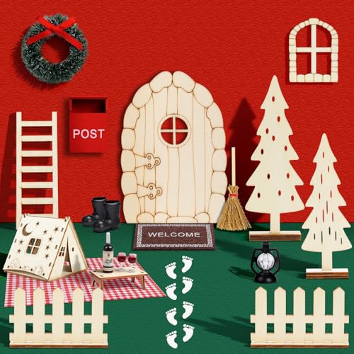 Kiiwah 18 Pezzi Set Completo Porticina Elfo Natale, Riutilizzabile Porta Degli Elfi di Natale Set Porta Elfo Natale Elfo Natale Kit Include Tenda da Campeggio, Lampada a Olio, Scala Può