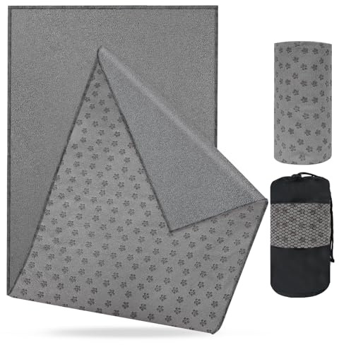flintronic Yoga Towel, Yoga Mat Towel with Grip Silicone Dots, Microfibre Yoga Blanket Towel, Soft & Breathable, with Quick Dry Yoga Towels and Mesh Carry Bag, for Bikram, Pilates - 183x63cm