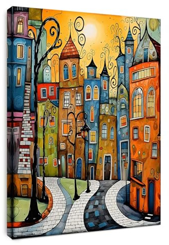 Alptiny Gerahmtes Wandbild 30×40 cm Bunte Stadtlandschaft Leinwandbild für Wohnzimmer Schlafzimmer Küche Büro Vintage Wandbild mit Haken Nägeln und magischer Klettbefestigung sofort aufhängbar
