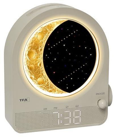 TFA Dostmann Nachtlichtwecker Digital mit Mondlampe, Lichtwecker, Nachttischlampe, White-Noise, Naturgeräusche, Einschlafhilfe, 2 Alarme, 60.2053, Hellgrau, Beige