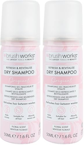 Brushworks Refresh & Revitalise Floral Dry Shampoo 50ml - Travel Size, No Rinse, Oil Absorbing Hair Refresher, Instant Volume, All Hair Types, Floral Scent, Vegan & Cruelty-Free (Pack of 2)