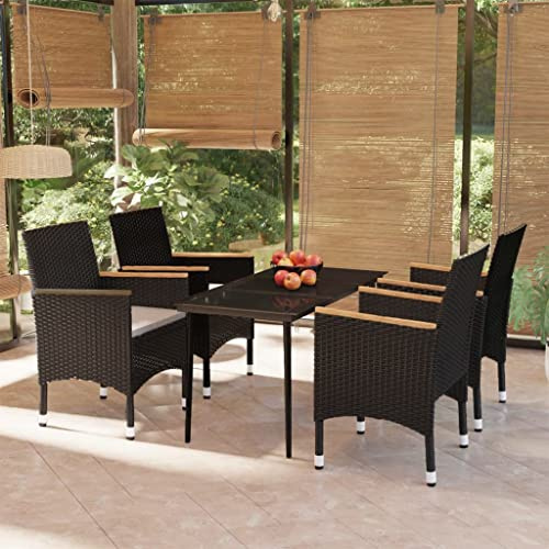 Ziaphsol 5-TLG. Garten-Essgruppe, Schwarz, PE-Rattan, pulverbeschichteter Stahl, 140x70x74 cm Tisch, 4 Stühle mit Kissen, für Terrasse, Balkon, Essbereich im Freien
