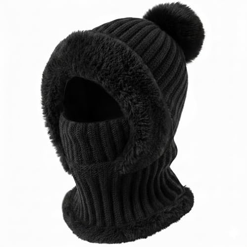 DRESHOW Pasamontañas de Punto Mujer Gorro Invierno Mujer Termico con Calentador Pasamontañas Cortavientos con Pompón para Actividades al Aire Libre en Climas Fríos de Invierno