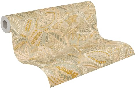 A.S. Création Blätter-Vliestapete – Beige, Creme, Grün – 10,05 x 0,53 m | Florales Blätter-Motiv als natürlicher Blickfang – matte Motivtapete, einfach zu verkleben & spurlos abziehbar