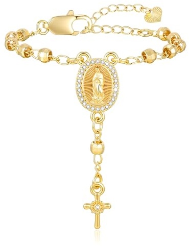 FLHEART Rosenkranz Armband Communion Geschenke für Mädchen - Verstellbares Jungfrau Maria Kreuz Armband für Kinder, Christliche Schmuck Taufgeschenke Erstkommunion Geschenke für Mädchen
