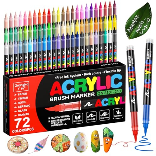 Sonlaryin 72 Farben Acrylstifte für Steine Wasserfest, Acrylic Marker | Pinselspitze Permanent Acrylstifte für Holz, Leinwand, Glas, Metall, Papier, Keramik, Stoff, Ostereier, Deko