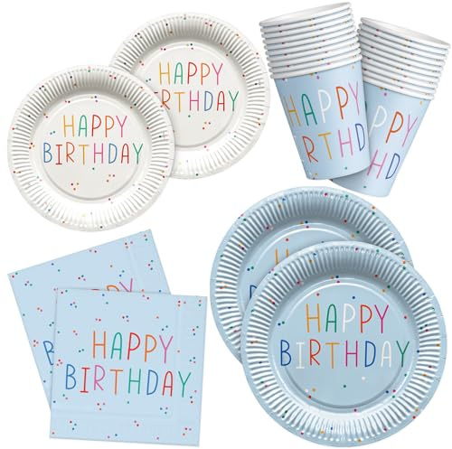 HNH Happy Birthday Party Paper Plates Napkins Cups Set Blue Disposable Tableware