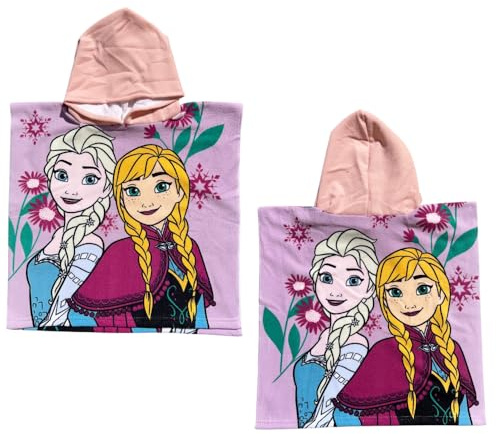 CARTOON Badeponcho für Mädchen, Motiv: Die Eiskönigin, 50 x 100 cm, Mikrofaser, 100 % Polyester, schnelltrocknend, Poncho mit Kapuze, Elsa und Anna, Geschenkidee von Disney