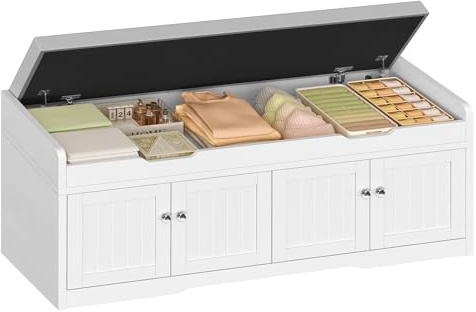 TEENFON Panca Scarpiera da Ingresso 120 cm Imbottita con Doppia Anta, Mobile Porta Scarpe con Vano Nascosto, Ripiani Regolabili, Entrata Soggiorno Camera, Carico 136 kg, 120x35x50 cm, Bianco