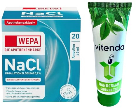 vitenda Set: Isotonische Kochsalzlösung 0,9% zur Inhalation & Verneblung mit WEPA, Einzeldosis-Ampullen, 1x100ml – inkl. vitenda Handcreme